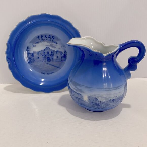 Vintage Texas Cobalt Blue The Alamo Saucer And Texas Landmarks Creamer Pitcher - Picture 4 of 15